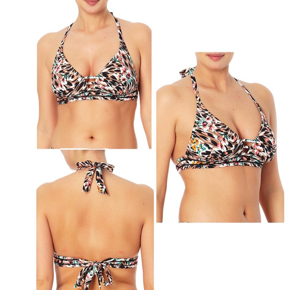 Halter Bikini Top Swimwear - Tropical Animal Print, Mesh Detail - Sz Small